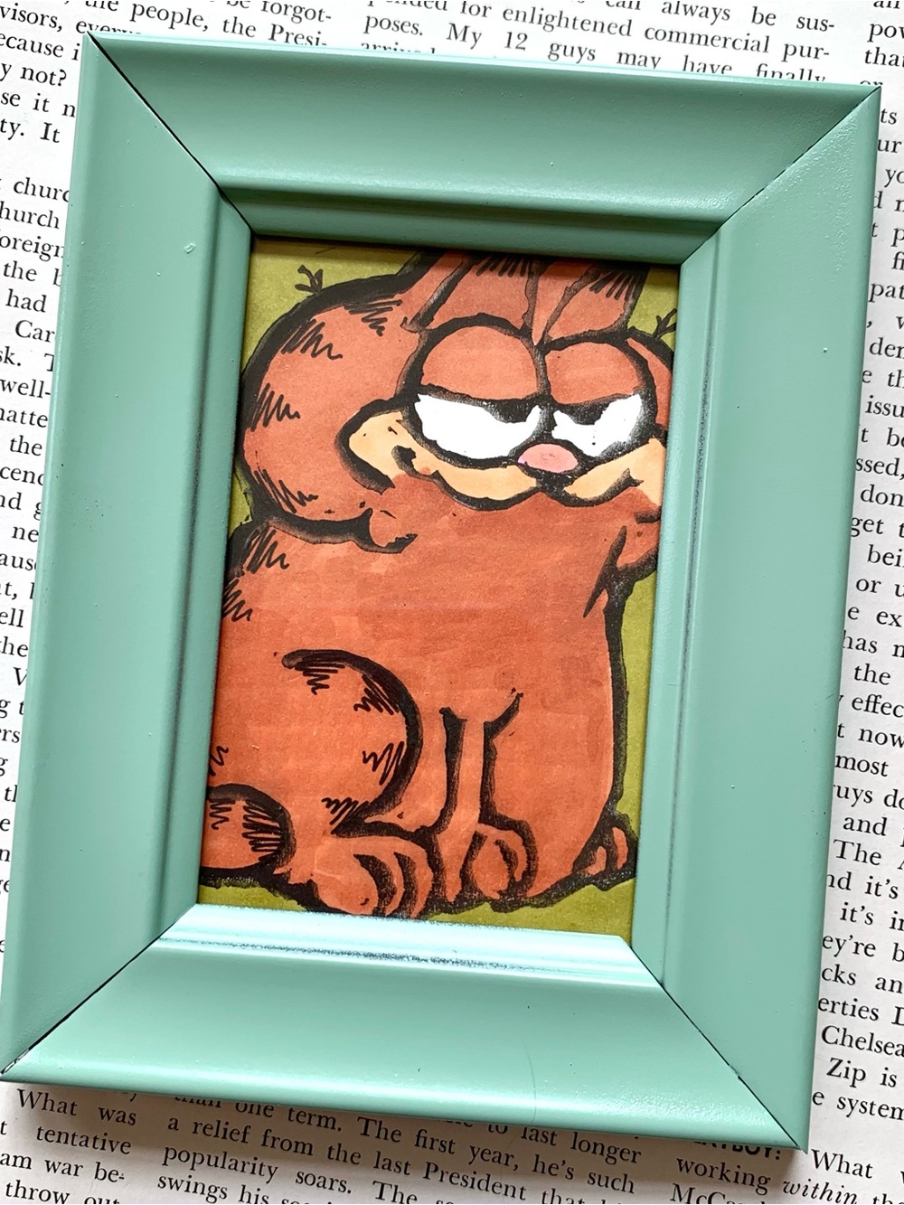 Garfield Comic Linocut Block Print Pop Art Card ATC ACEO | Vintage Green Frame